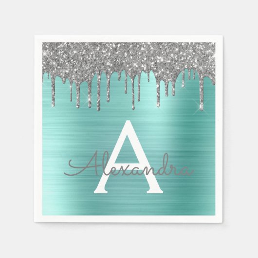 Silver Teal Glitter Brushed Metal Monogram Name Serviette (Vorderseite)