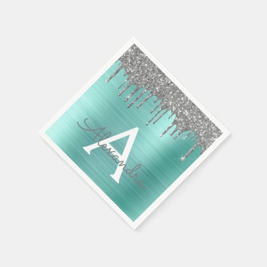 Silver Teal Glitter Brushed Metal Monogram Name Serviette (Ecke)