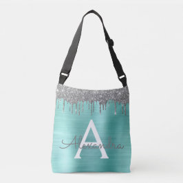 Silver Teal Glitter Brushed Metal Monogram Name Tragetaschen Mit Langen Trägern