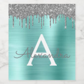 Silver Teal Glitter Brushed Metal Monogram Name Weinetikett (Einzelnes Label)