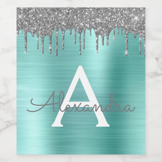 Silver Teal Glitter Brushed Metal Monogram Name Weinetikett (Einzelnes Label)