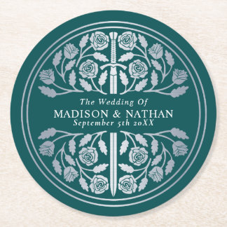 Silver Teal Royal Medieval Sword Wedding Runder Pappuntersetzer