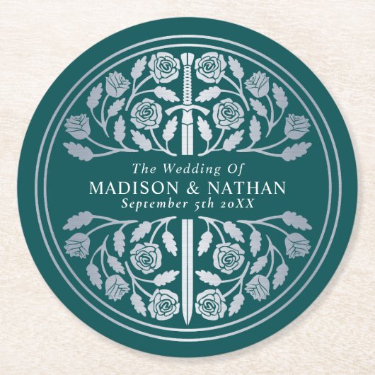 Silver Teal Royal Medieval Sword Wedding Runder Pappuntersetzer (Vorderseite)