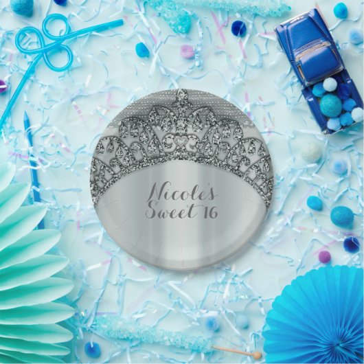 Silver Tiara Crown & Diamond Bling Party Pappteller (Party)