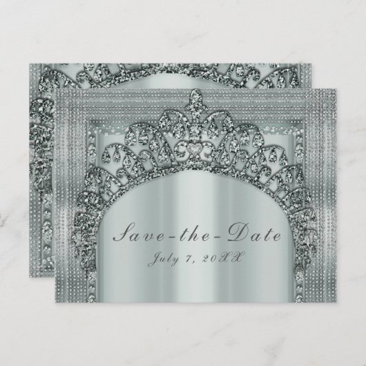Silver Tiara Crown & Diamond Bling Save the Date Ankündigungspostkarte (Vorne/Hinten)