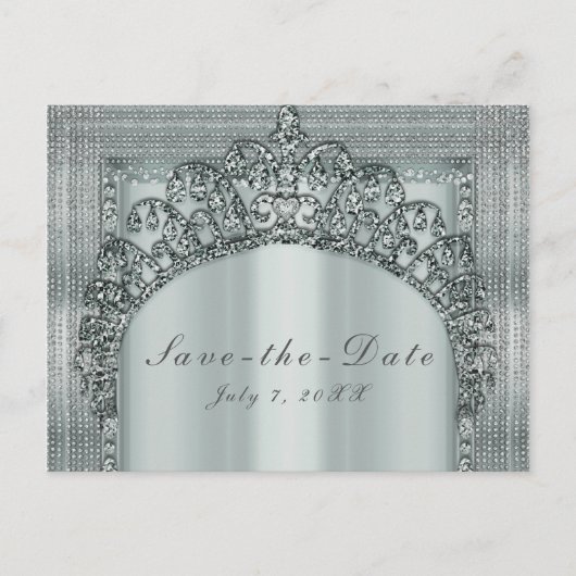 Silver Tiara Crown & Diamond Bling Save the Date Ankündigungspostkarte (Vorderseite)