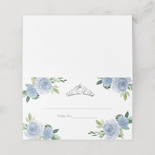 Silver Tiara Light Blue Floral Quinceanera Party Platzkarte (Außenseite Aufgefaltet)