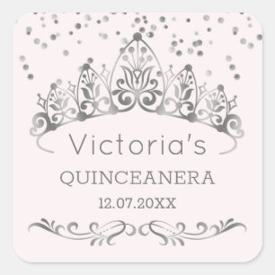 Silver tiara, polka dot confetti Quinceanera Quadratischer Aufkleber