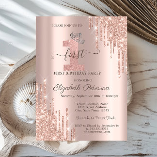 Silver Tiara Rose Gold Tropfen 1. Geburtstag Einladung