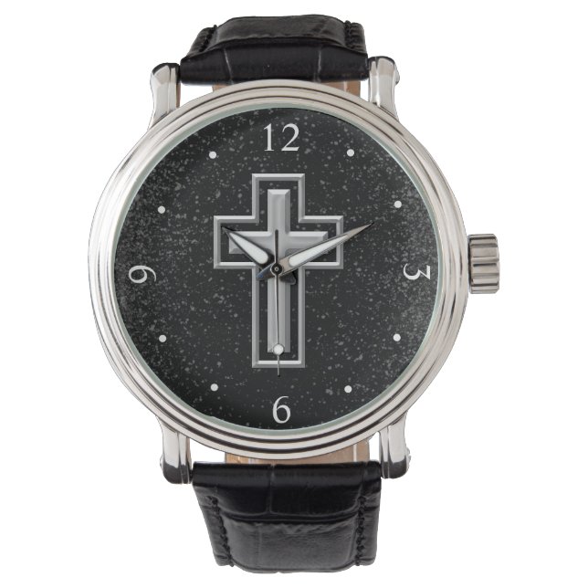 Silver Tone Christlich Cross auf Black Sparkle Armbanduhr (Vorderseite)