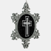 Silver Tone Christlich Cross auf Black Sparkle Schneeflocken Zinn-Ornament (Links)