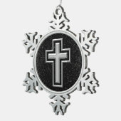 Silver Tone Christlich Cross auf Black Sparkle Schneeflocken Zinn-Ornament (Rechts)