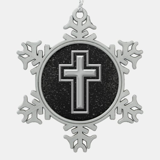 Silver Tone Christlich Cross auf Black Sparkle Schneeflocken Zinn-Ornament (Vorderseite)