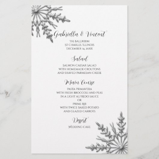 Silver Tone Snowflake Winter Wedding Menü (Vorderseite)