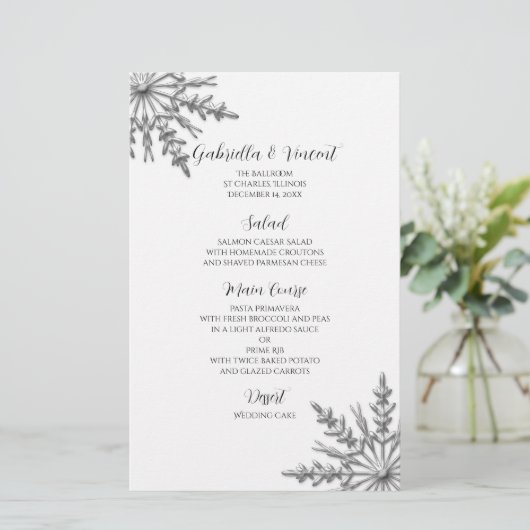 Silver Tone Snowflake Winter Wedding Menü (Stehend Vorderseite)