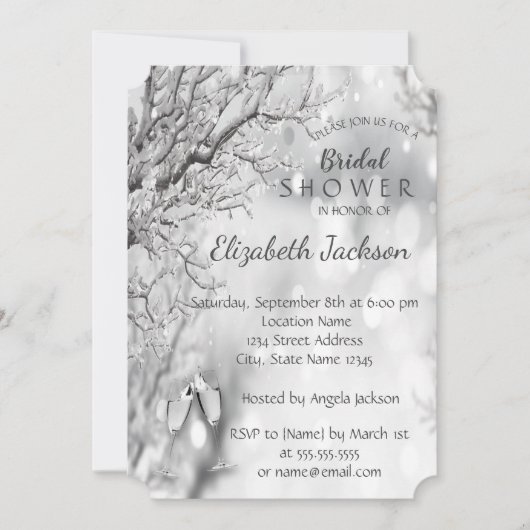 Silver Tree Branches, Wineglass Brautparty Einladung (Vorderseite)