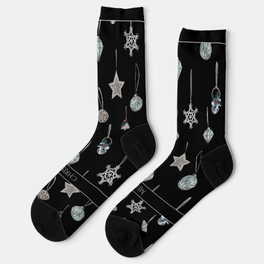 Silver Tree Toys on Black Christmas Socken (Linkes Detail)