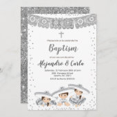 Silver Triplets Boy and Girl Taufe Einladung (Vorne/Hinten)