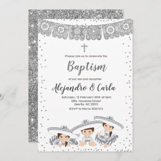 Silver Triplets Boy and Girl Taufe Einladung (Vorne/Hinten)