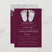 Silver Tropfens Burgundy Baby Boy Shower Feet Einladung (Vorne/Hinten)