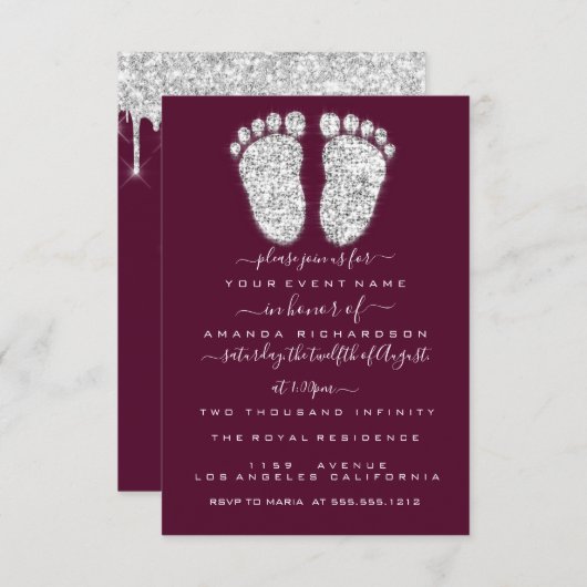 Silver Tropfens Burgundy Baby Boy Shower Feet Einladung (Vorne/Hinten)