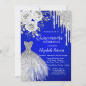 Silver Tropfens, Dress Rose Royal Blue Quinceanera Einladung (Vorderseite)