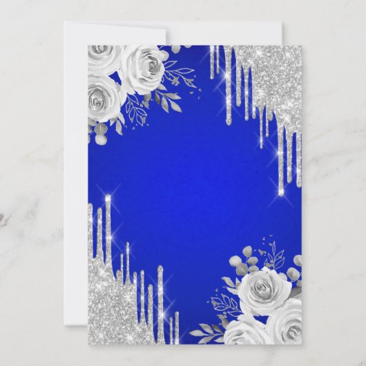 Silver Tropfens, Dress Rose Royal Blue Quinceanera Einladung (Rückseite)