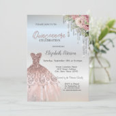 Silver Tropfens, Dress Rose Silver Quinceanera Einladung (Stehend Vorderseite)