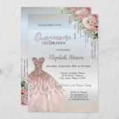 Silver Tropfens, Dress Rose Silver Quinceanera Einladung (Vorne/Hinten)