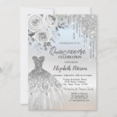 Silver Tropfens, Dress Rose Silver Quinceanera Einladung (Vorderseite)