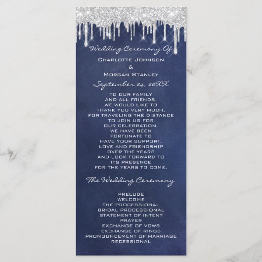 Silver Tropfens Event Wedding Program Formal Navy Programm (Vorderseite)