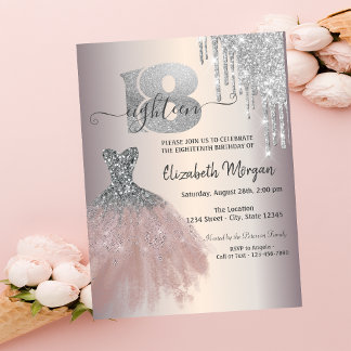 Silver Tropfens Glitzer Chic Dress 18. Geburtstag Einladung