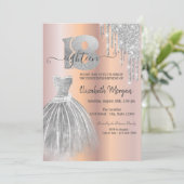 Silver Tropfens Glitzer Dress Rose Gold 18. Geburt Einladung (Stehend Vorderseite)