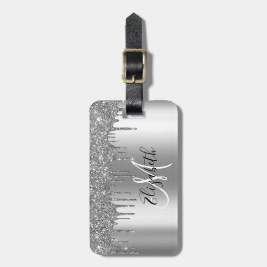SIlver Tropfens Glitzer Metal Monogram Gepäckanhänger (Vorderseite vertikal)