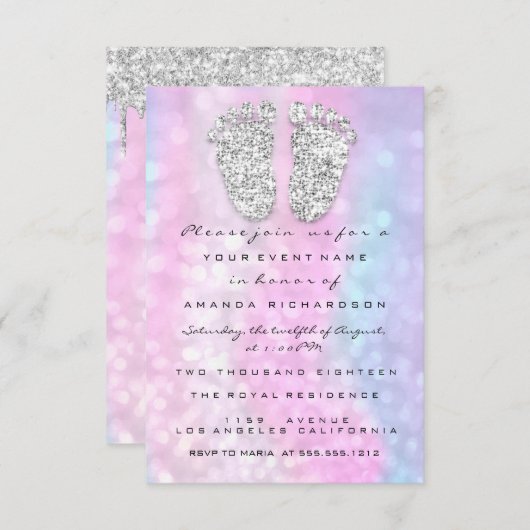 Silver Tropfens Pink Blue Baby Girl Duschvorhang Einladung (Vorne/Hinten)