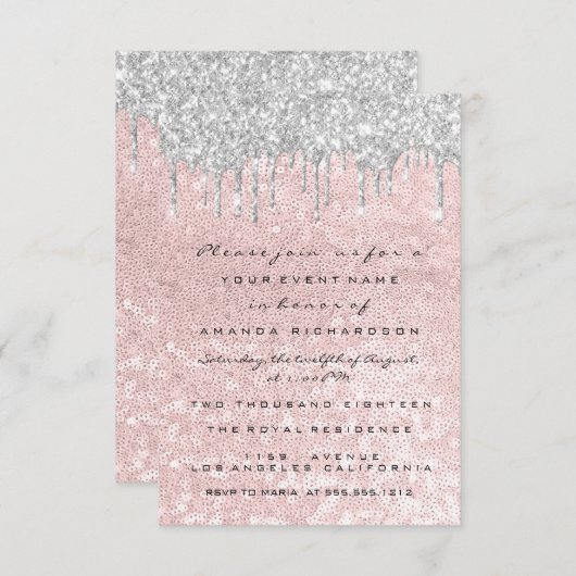 Silver Tropfens Pink Wedding Bridal Sweet 16. Einladung (Vorne/Hinten)