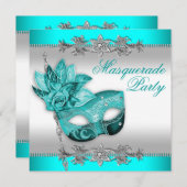 Silver Türkise Blue Masquerade Party Einladung (Vorne/Hinten)
