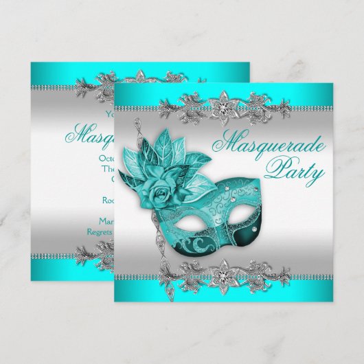 Silver Türkise Blue Masquerade Party Einladung (Vorne/Hinten)
