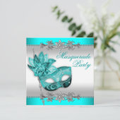 Silver Türkise Blue Masquerade Party Einladung (Stehend Vorderseite)