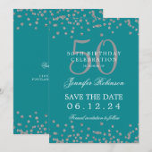 Silver Turquoise 50 Geburtstag Rett Datum Confetti Einladung (Vorne/Hinten)