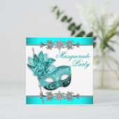 Silver Turquoise Blue Masquerade Party Einladungen (Stehend Vorderseite)