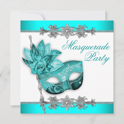 Silver Turquoise Blue Masquerade Party Einladungen (Vorderseite)