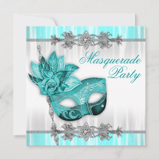 Silver Turquoise Blue Masquerade Party Einladungen (Vorderseite)