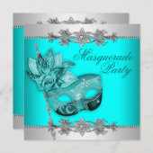 Silver Turquoise Blue Masquerade Party Einladungen (Vorne/Hinten)