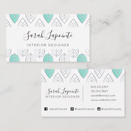 Silver & Turquoise Chic & Modern Leaf Muster Visitenkarte (Vorne/Hinten)
