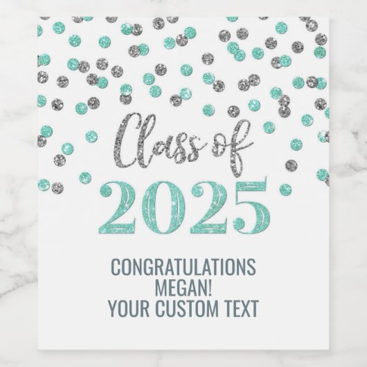 Silver Turquoise Glitzer Class of 2025 Abschluss Weinetikett (Einzelnes Label)