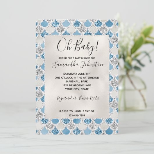 Silver Turquoise Pearl Glitzer Mermaid Einladung (Stehend Vorderseite)