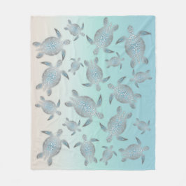 Silver Turquoise Sea Turtles Pattern Coastal Fleecedecke