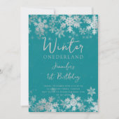 Silver Turquoise Winter ONEDERLAND 1. Geburtstag Einladung (Vorderseite)