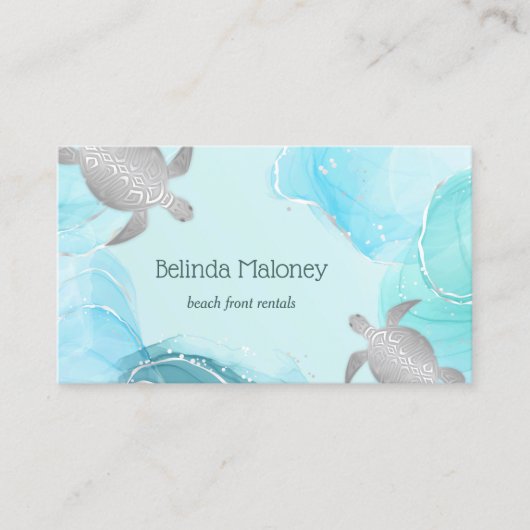 Silver Turtle Blue Ink Coastal QR Code Visitenkarte (Vorderseite)